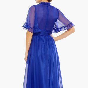 Mac Duggal / RUFFLED HIGH NECK FLUTTER SLEEVE HIGH LOW HEM GOWN in Sapphire Blue